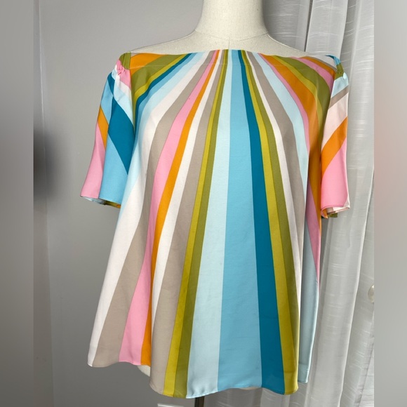 Trina Turk Loveable Off the Shoulder Multicolor Bright Striped Summer Top Small - Picture 10 of 15